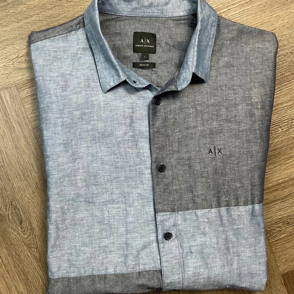 Vintage AX Armani Exchange Linen Colorblock Shirt Mens Large Blue Gray Retro Y2K